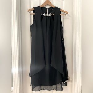 SLNY Double Keyhole Crew-Neck Pearl-Accent Chiffon Sleeveless Black Dress, 8P